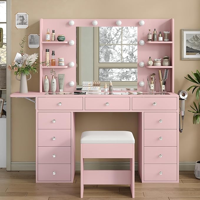 Vanity Desk with Power Outlet, 11 Drawers Makeup Vanity with Lighted Mirror, 3 Colors Adjustable, Glass Top Vanity with Chair, 4 Shelves and Fold-up Panel, Dressing Table for Bedroom, Pink