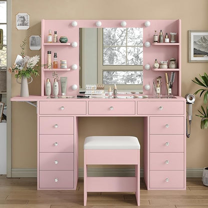 Vanity Desk with Power Outlet, 11 Drawers Makeup Vanity with Lighted Mirror, 3 Colors Adjustable, Glass Top Vanity with Chair, 4 Shelves and Fold-up Panel, Dressing Table for Bedroom, Pink