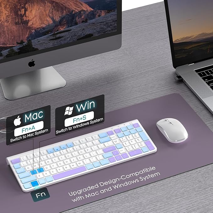 JOYACCESS Wireless Keyboard and Mouse Combo, Typewriter Ergonomic Wireless Keyboard with Number Pad and Computer Mouse for PC Laptop Desktop Computer - Purple Blue