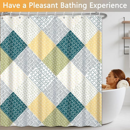 Boho Green and Yellow Shower Curtain, Modern Chic Abstract Geometric Striped Pattern Bathroom Curtains, Minimalist Hotel Style Polyester Shower Curtain, Waterproof Fabric with Hooks, 72" W x 72" L