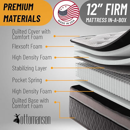 Ottomanson Twin 12” Eurotop Hybrid Mattress - Premium Quilted Cover - Made in USA - Medium-Firm Support - Individually Pocketed Coils & CertiPUR-US Foam - Fiberglass-Free - Bed in a Box