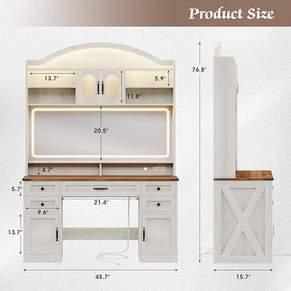 Farmhouse Makeup Vanity with Mirror and Lights 3 Colors, 76.8" Vanity Desk with 5 Drawer,Storage Cabinets,LED Light,Dressing Table with Power Outlets, Storage Shelves,Antique White