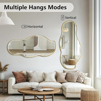 POZINO Irregular Beveled Mirror, 40"x18" Asymmetrical Vanity Wall Mirror with Gold Metal Frame, Organic Shape Mirrors for Bathroom Entryway Bedroom Hallway, Horizontal/Vertical Hanging