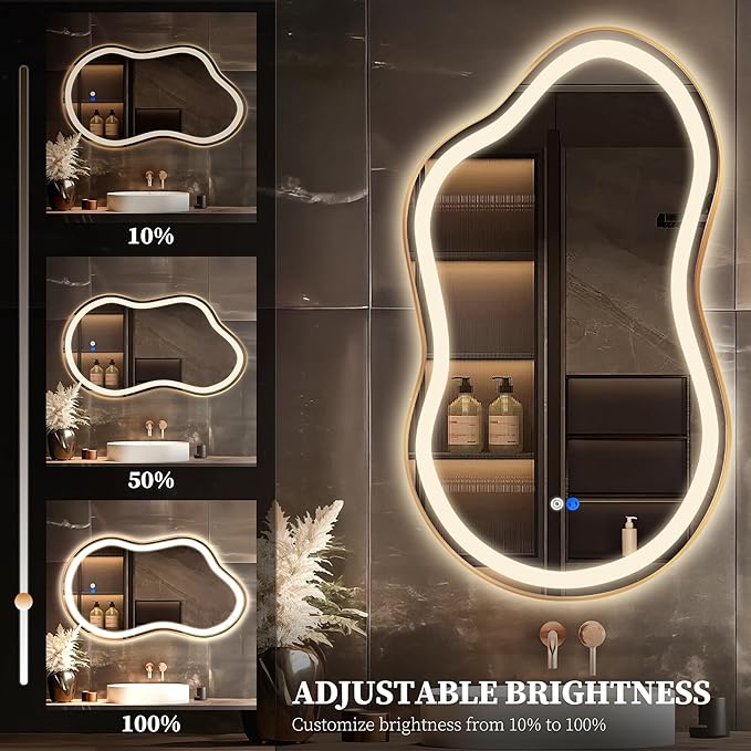 Irregular LED Bathroom Mirror with Lights, Cloud Smart Backlit Mirror, Dimmable Lighted Bathroom Gold Mirror with Anti-Fog, Asymmetrical Vanity Mirror Hangable 2 Ways (Gold, 26 x 46, 2 Pack)