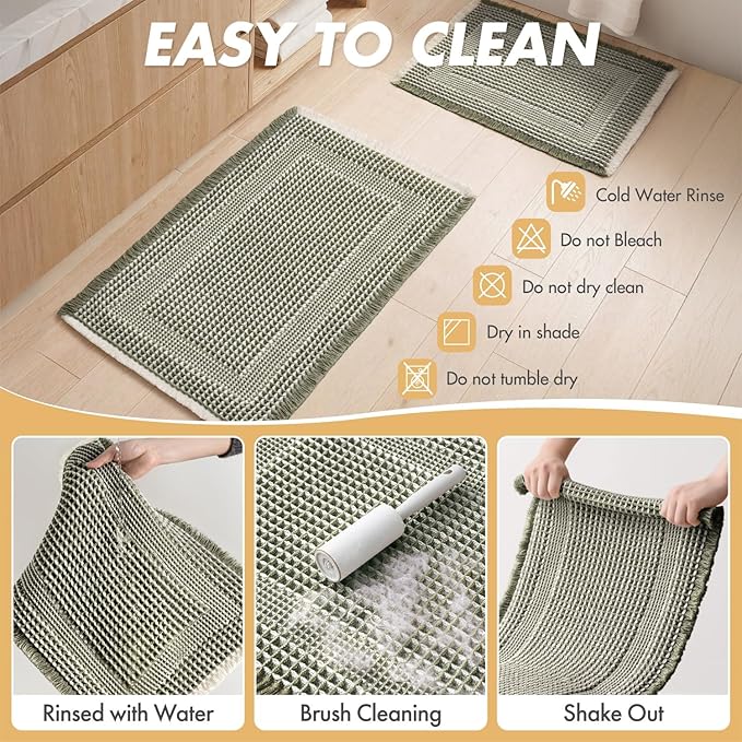 MIULEE Set of 2 Waffle Bathroom Rugs, Boho Bath Rug Super Absorbent, Non Slip Washable Ultra Soft Rubber Backed Shower Bath Mats for Floor, Tub, Shower, Looped Design, Green & Cream, 17"x24"+18"x30"