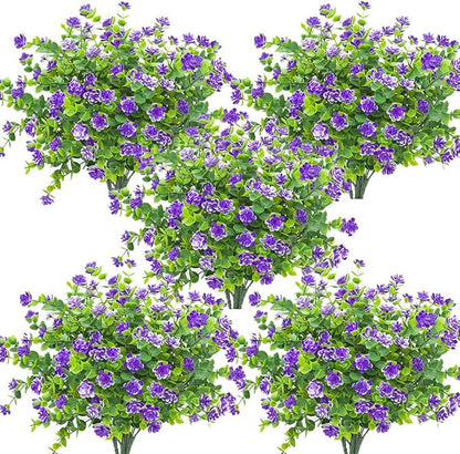 10 Bundles Artificial Fake Flowers, Faux Outdoor Plastic Plants UV Resistant Shrubs Outside Indoor Decorations (Blue-Eucalyptus)