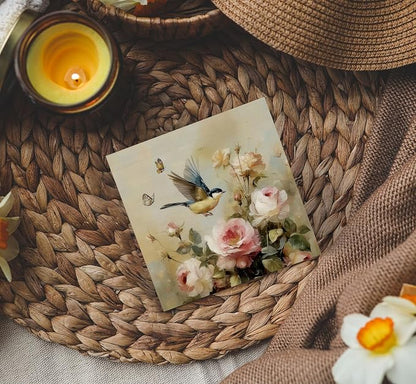Vintage Floral Bird Decor Signs, Bird Gifts for Women Men Lover, Neutral Cottagecore Botanical Flower Wooden Box Sign for Home Bedroom Desk Table Shelf 5x5 Inch