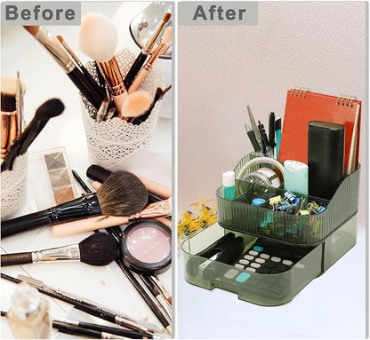 VOCOSTE 1 Set Makeup Organizer with Stackable Drawer, 7 Grids Makeup Organizer for Countertop Vanity, Skincare Organizers Cosmetic Display Cases for Lotions Lipsticks Brushes, Green