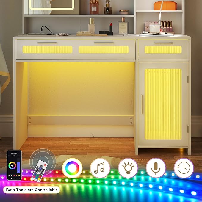 Hadulcet White Vanity Desk with Mirror and Lights, LED Vanity with Power Outlet, Makeup Vanity with 2 Drawers, 10 Storage Shelves and Acrylic Door Cabinet for Bedroom Dressing Room, 43”