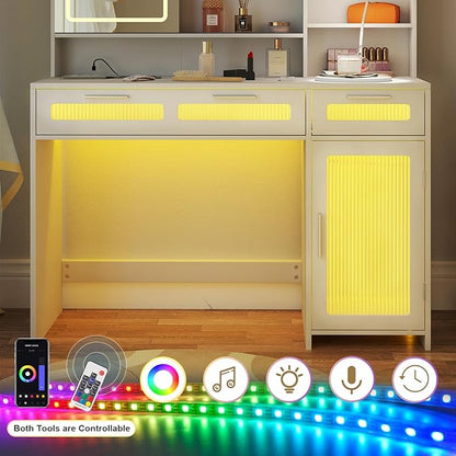 Hadulcet White Vanity Desk with Mirror and Lights, LED Vanity with Power Outlet, Makeup Vanity with 2 Drawers, 10 Storage Shelves and Acrylic Door Cabinet for Bedroom Dressing Room, 43”