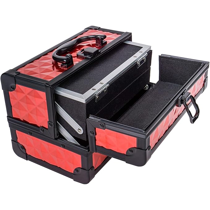 SHANY Chic Makeup Train Case Cosmetic Box Portable Makeup Case Cosmetics Beauty Organizer Jewelry storage with Locks, Multi trays Makeup Storage Box with Makeup Mirror - Ruby Red