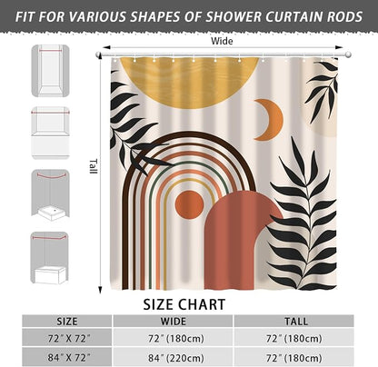 Mid Century Abstract Boho Aesthetic Shower Curtain Set, Green Nature Leaf Sun Modern Minimalist Home Bathroom Curtain Decor with 12 Hooks 72 Inch Wide * 72 Inch High