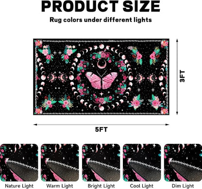 Pink Butterfly Area Rug 3'x5' Moon Phase Floral Rugs for Entryway Bedroom Living Room Kitchen Home Decor Boho Gothic Butterfly Carpet Non-Slip Washable Floor Mat