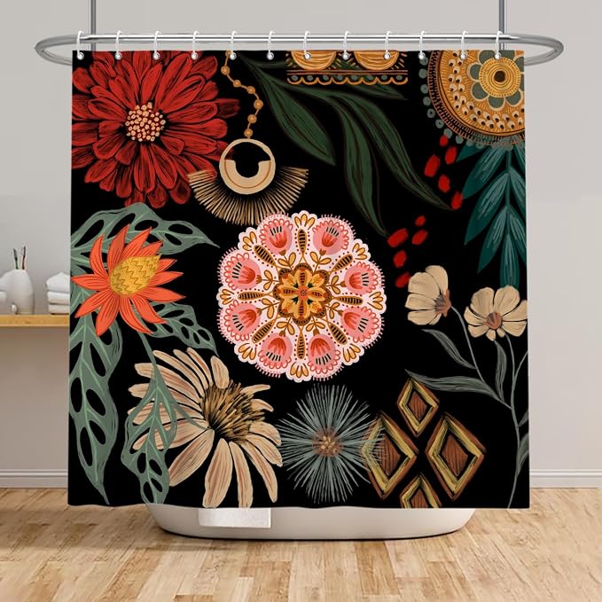 Black Boho Floral Shower Curtain Abstract Botanical Mid Century Modern Bathroom Decor Tropical Flower Shower Curtain with 12 Hooks,72x72 inches