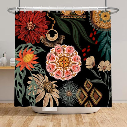 Black Boho Floral Shower Curtain Abstract Botanical Mid Century Modern Bathroom Decor Tropical Flower Shower Curtain with 12 Hooks,72x72 inches