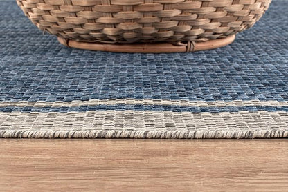 CAMILSON Outdoor Rug, 9x12 Bordered Navy Blue Gray Modern Large Area Rugs for Indoor and Outdoor Patios, Porches Waterproof Washable Porch Deck Outside Carpet (Bordered Navy, 9 x 12)