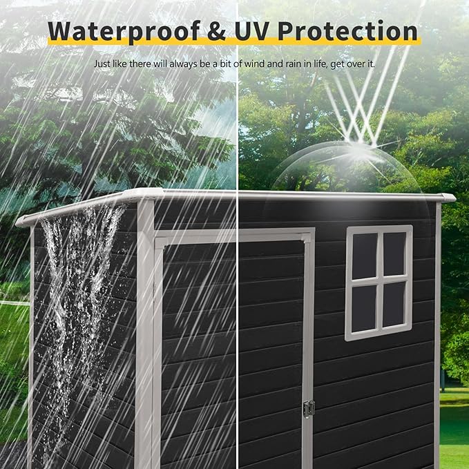 5x3 FT Outdoor Storage Resin Shed with Floor, Waterproof Plastic Garden Tool Shed with Windows, Vents & Lockable Door and Sloped Roof, Easy to Assemble Bike Shed for Patio, Backyard, Lawn, Black