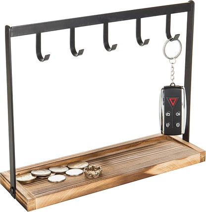 MyGift Black Metal Entryway Key Holder with 5 Hooks and Burnt Wood Base, Tabletop Necklace and Jewelry Organizer Rack with Ring Tray