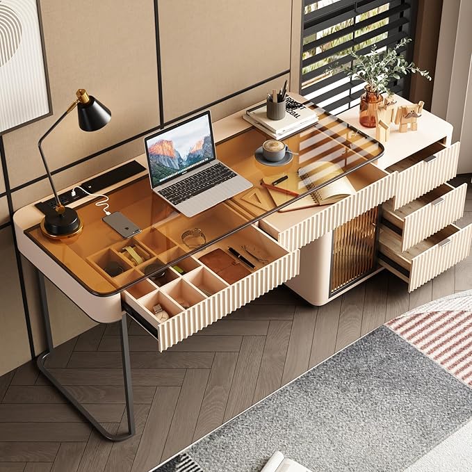 Lartis Office Desk, Very Easy to Assemble, Computer Desk, Home Telescopic Writing Desk, Modern Computer Desk with Retractable Cabinet Built-in LED Lights (Pale Pink, 53 in)