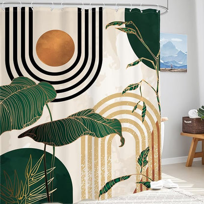 Glawry Green Boho Mid Century Shower Curtain Extra Long Abstract Retro Tropical Palm Tree Plant Sun Arch Minimalist Bathroom Modern 72Wx96L Inches Bath Accessories Art Home Decor Fabric 12 Pack Hooks