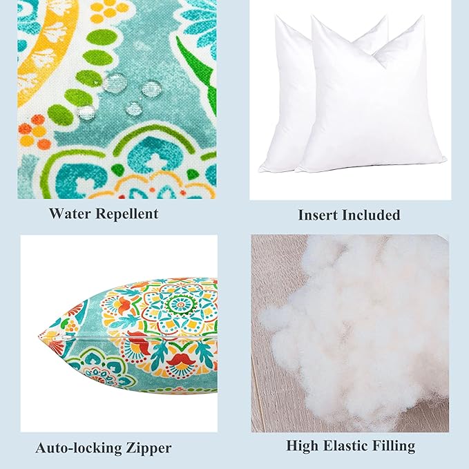 FUNHOME Outdoor Indoor Throw Pillows 18”x18”, Set of 2 Decorative Throw Pillows with Inserts, All Weather Water-Repellent Square Pillows for Bed, Couch, Sofa and Patio Furniture -Cyan Circle