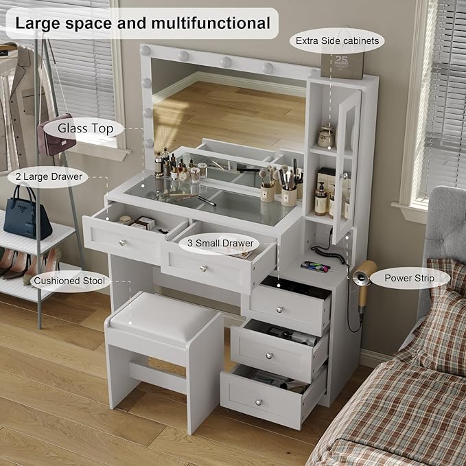 43" W Vanity Desk with Mirror & 11 Lights, 5 Drawer Modern Makeup Desk with Glass top & Cushioned Stool, 3 Lighting Modes Brightness Adjustable,Power Outlet,Bedroom，White
