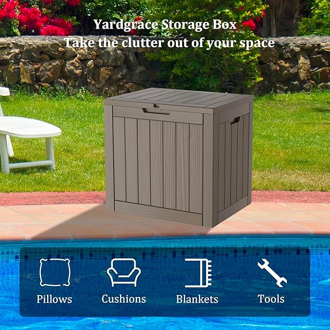 30 Gallon Waterproof Deck Box, Lockable Resin Storage Box for Patio Furniture Cushions Garden Tools and Outdoor Delivery Storage, Coffee