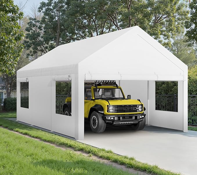 Walsunny Carport 10x20ft Heavy Duty Carport Canopy with Roll-up Ventilated Windows, Portable Garage with Removable Sidewalls, Car Canopy with All-Season Tarp for Car, SUV, Truck, Boat