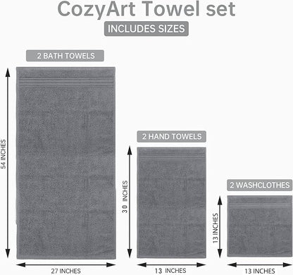 COZYART Grey Bath Towel Set 6pcs, Turkish Cotton Bathroom Towel Sets Soft Absorbent and Durable 650 GSM Luxury 6 Pcs with 2 Bath Towels, 2 Hand Towels, 2 Washcloth