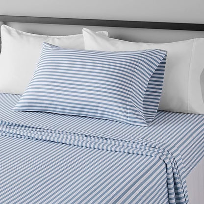 Amazon Basics Lightweight Super Soft Easy Care Microfiber 3 Piece Bed Sheet Set With 14-inch Deep Pockets - Twin, Dusty Blue Pinstripe,Printed