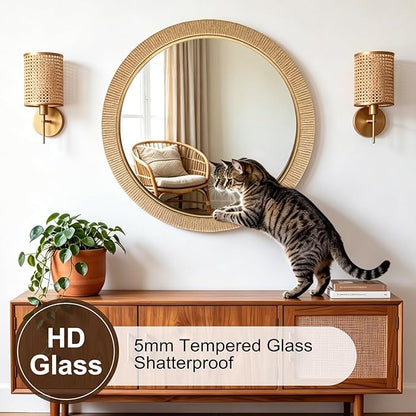 30"x30" inch Large Round Rattan Mirror for Wall, Boho Decorative Wicker Mirror Waterproof Synthetic Rattan Frame, for Bathroom, Bedroom, Living Room, Entryway