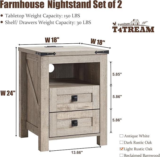 T4TREAM Farmhouse Nightstand Set of 2 with Charging Station, Rustic End Table with 2 Drawers, Storage Open Shelf for Bedroom, Living Room, Wood Side Table, Light Rustic Oak