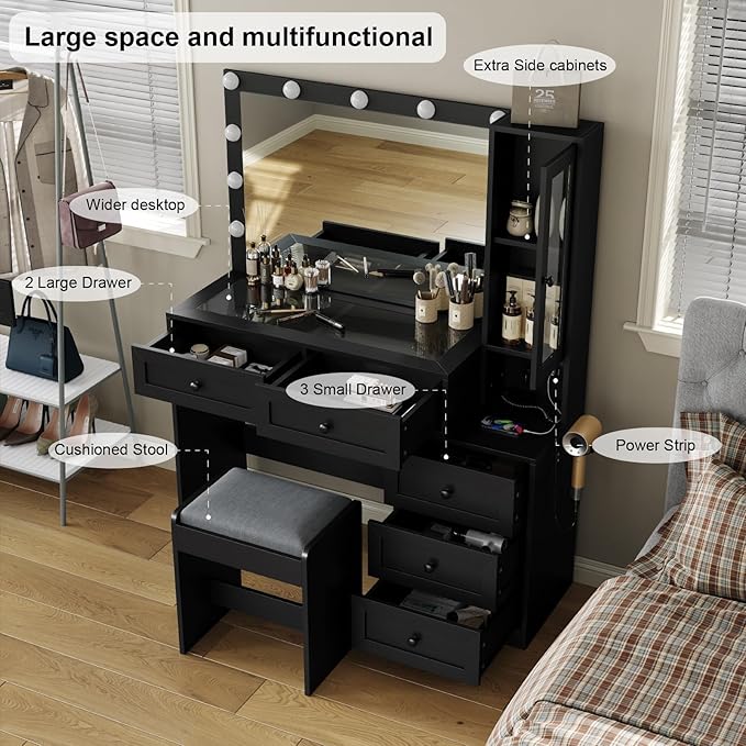 43" W Vanity Desk with Mirror & 11 Lights, 5 Drawer Modern Makeup Desk with Glass top & Cushioned Stool, 3 Lighting Modes Brightness Adjustable,Power Outlet,Bedroom，Black