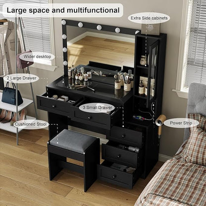 43" W Vanity Desk with Mirror & 11 Lights, 5 Drawer Modern Makeup Desk with Glass top & Cushioned Stool, 3 Lighting Modes Brightness Adjustable,Power Outlet,Bedroom，Black