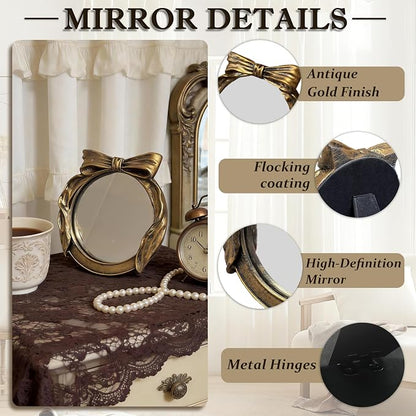 Vintage Round Vanity Desk Mirror - 6x6Inch Wall-Mounted & Tabletop Decorative Ornate Gold Accent Retro Makeup Mirror for Bedroom Dresser Living Room Bathroom Dorm Champagne Gold