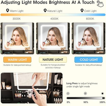 Vabches Vanity Desk with Lights, Makeup Vanity Table with Charging Station, 44.9in Big Vanity Set with 5 Drawers & Lots Storage Space, Black