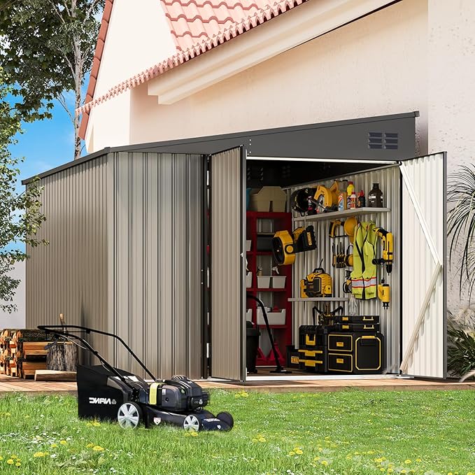 AECOJOY Shed Lean to Storage Shed, Large Outdoor 8' x 10' Metal Wall Side Bike Shed & Outdoor Storage, Garden Storage Cabinet for Backayrd, Patio and Outdoor Use in Grey