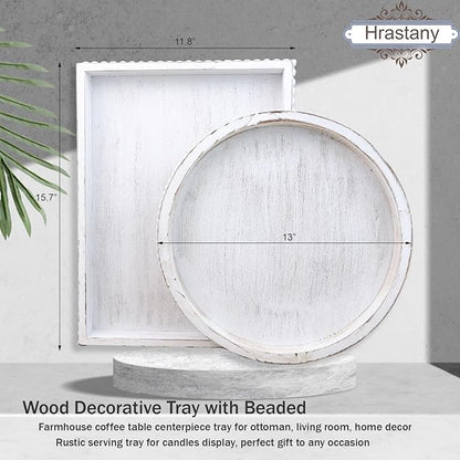 Hrastany Round Wood Serving Tray with Beaded, 13” Rustic Wooden Decorative Coffee Table Tray for Centerpiece, Ottoman, Farmhouse Circle Trays for Counter, Living Room, Home Decor (Whitewashed)