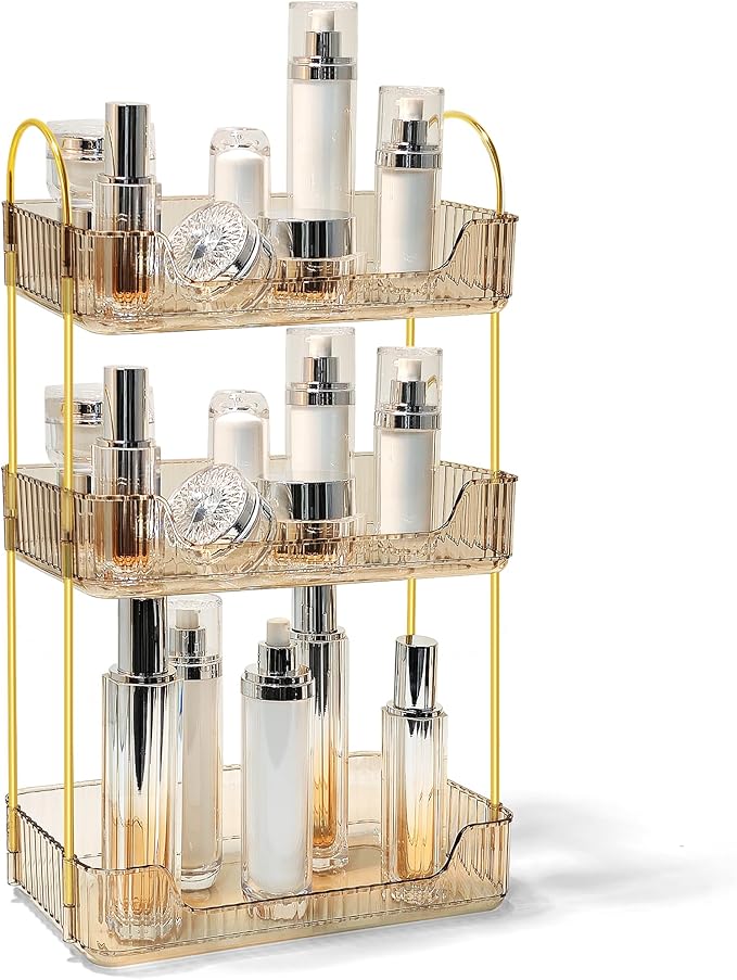 Bathroom Counter Organizer Countertop Storage Skincare Countertop Makeup Organizer Cosmetics Skincare Organizers Holder for Perfume-Amber-Golden Pole-3 Tier