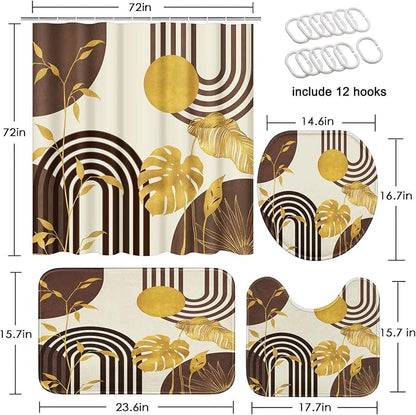 Boho Brown Shower Curtain Set with Toilet Lid Cover and Non-Slip Rugs, Gold Tropical Abstract Geometric 4 Pcs Modern Minimalist Vintage Shower Curtain for Bathroom Set with 12 Hooks