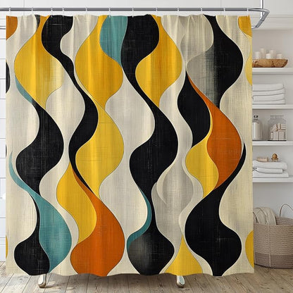 Mid Century Shower Curtain Boho Minimalist Modern Abstract Aesthetic Geometric Striped Atomic Retro Earthy Fabric Bathroom Decor Set with Hooks(74.8" Wx70 H)