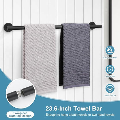 TQKAG 8-Pieces Bathroom Hardware Set Matte Black SUS304 Stainless Steel Bath Towel Bar Set 23.6 Inch Round Bathroom Accessories Kit Wall Mounted