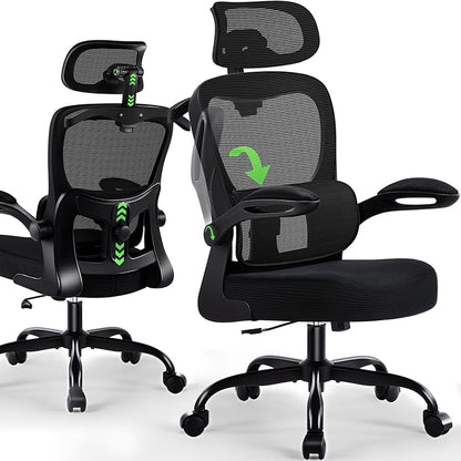 Office Chair Ergonomic Desk Chairs with Adjustable Lumbar Support& Headrest Hanger, High Back Breathable Mesh Chair with Wheels, Rolling Swivel Comfy Task Computer Chair for Home Work Gaming