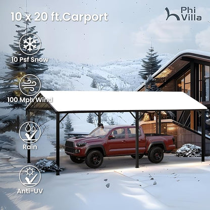 PHI VILLA 10 x 20 ft Carport Metal Carports with Galvanized Steel Roof, Sturdy Heavy Duty Metal Carport for Cars, Boats, and Tractors
