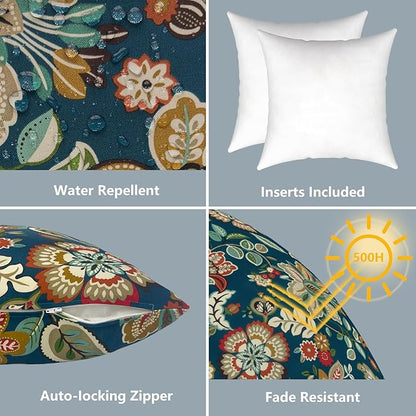 LVTXIII Outdoor Throw Pillows, Decorative Throw Pillows with Inserts, 20"x20" Square Pillows for Bed, Couch, Sofa and Patio Furniture, Set of 2, Peacock Blue