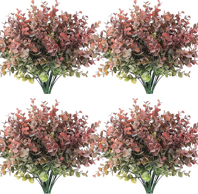 RECUTMS 12 Bundles Fake Bushes Artificial Plants Outdoor Faux Plant Eucalyptus Stems Fake Porch Plants for Farmhouse Bathroom Office Vase Centerpiece Indoor Outdoor Decor(Dusty Red)