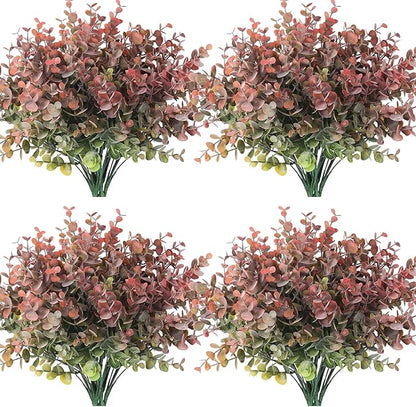 RECUTMS 12 Bundles Fake Bushes Artificial Plants Outdoor Faux Plant Eucalyptus Stems Fake Porch Plants for Farmhouse Bathroom Office Vase Centerpiece Indoor Outdoor Decor(Dusty Red)