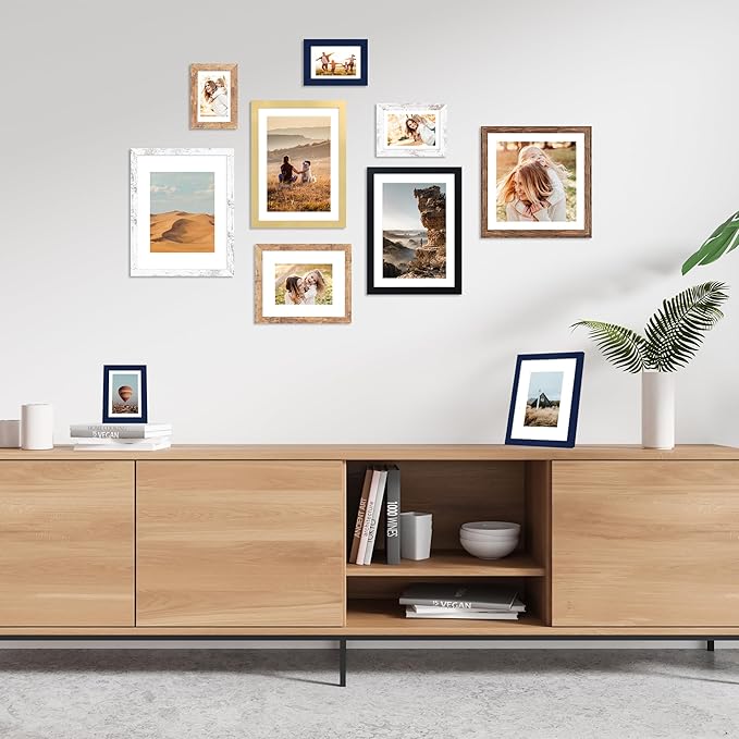 11x14 Picture Frame Set of 4, 11 x 14 Wood Photo Frames with Mat for 8x10, Natural Wooden Frame with Real Glass Cover for Wall and Tabletop Display,Brown