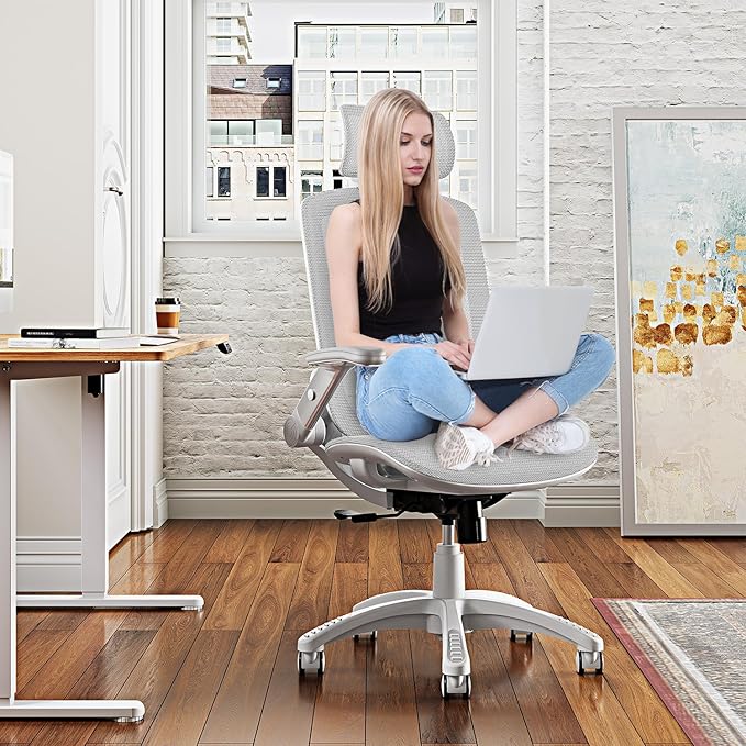 GABRYLLY Ergonomic Office Chair, High Back Home Desk Chair with Headrest, Flip-Up Arms, 90-120° Tilt Lock and Wide Cushion, 400LBS Mesh Chairs for Man Woman, White Task Chair(Grey,GY01WG)