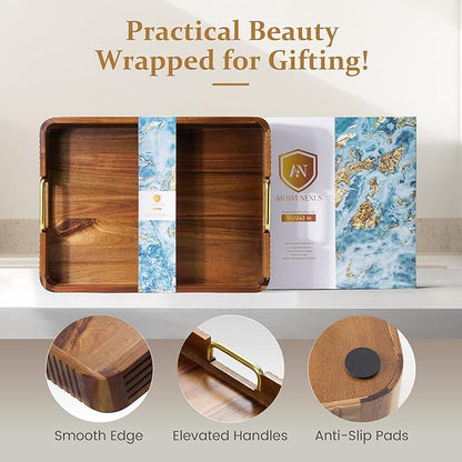 Acacia Wood Serving Tray with Metal Handles, 17x13in, Decorative Coffee Table Tray & Ottoman Tray, Anti-Slip Pads, Dark Wood Tray for Breakfast in Bed, Bar Tray, Gift Box